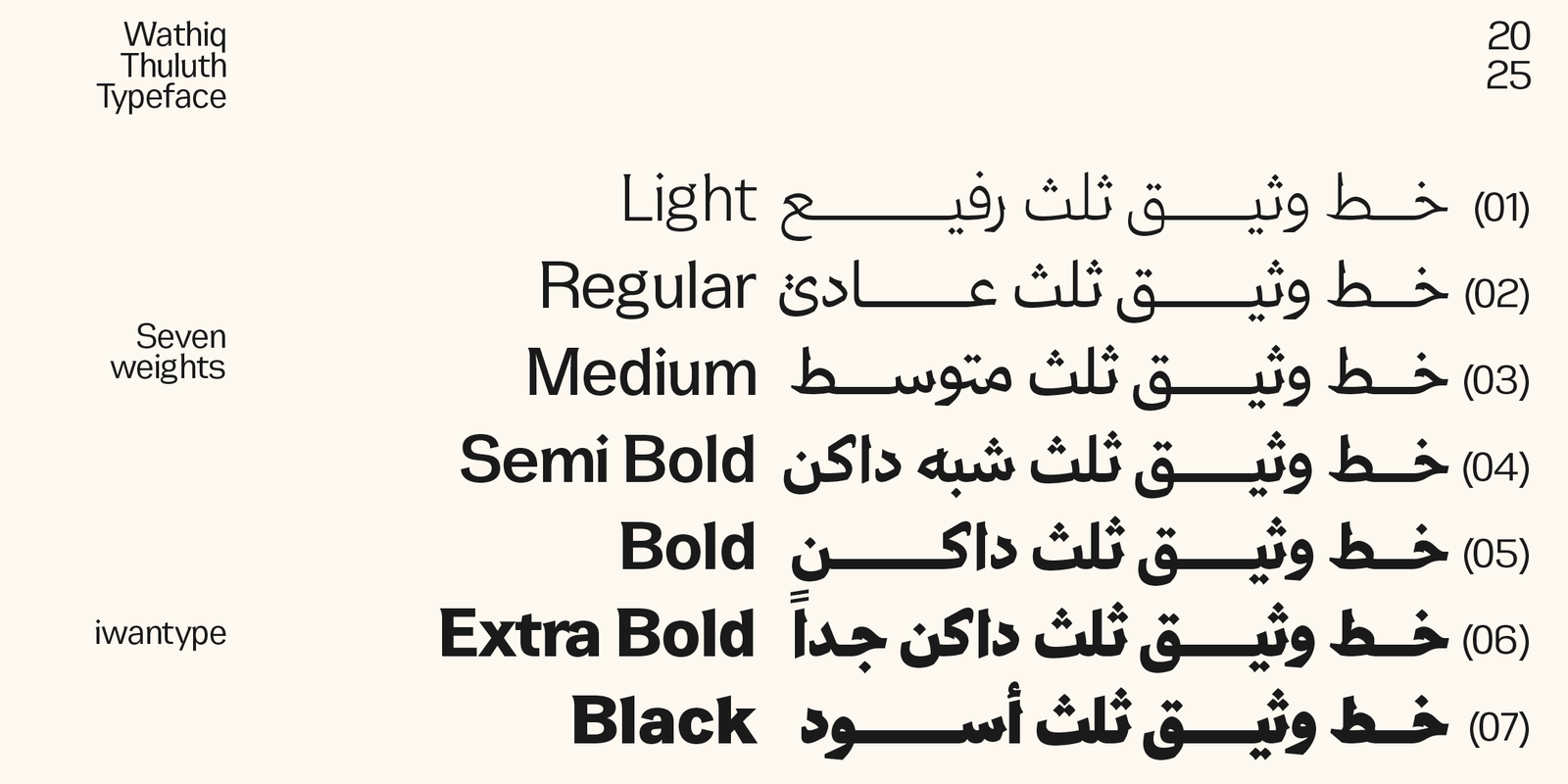 الأوزان السبعة من خط وثيق ثلث: Light و Regular و Medium و Semi Bold و Bold و Extra Bold و Black